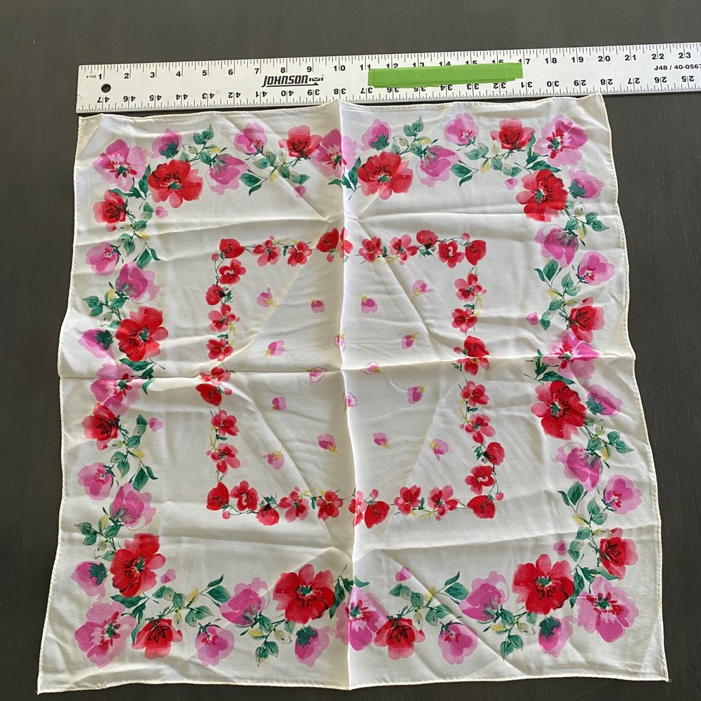 Vintage Floral Square Scarf Red Pink Watercolor Botanical Print Ivory 20 Inch‎